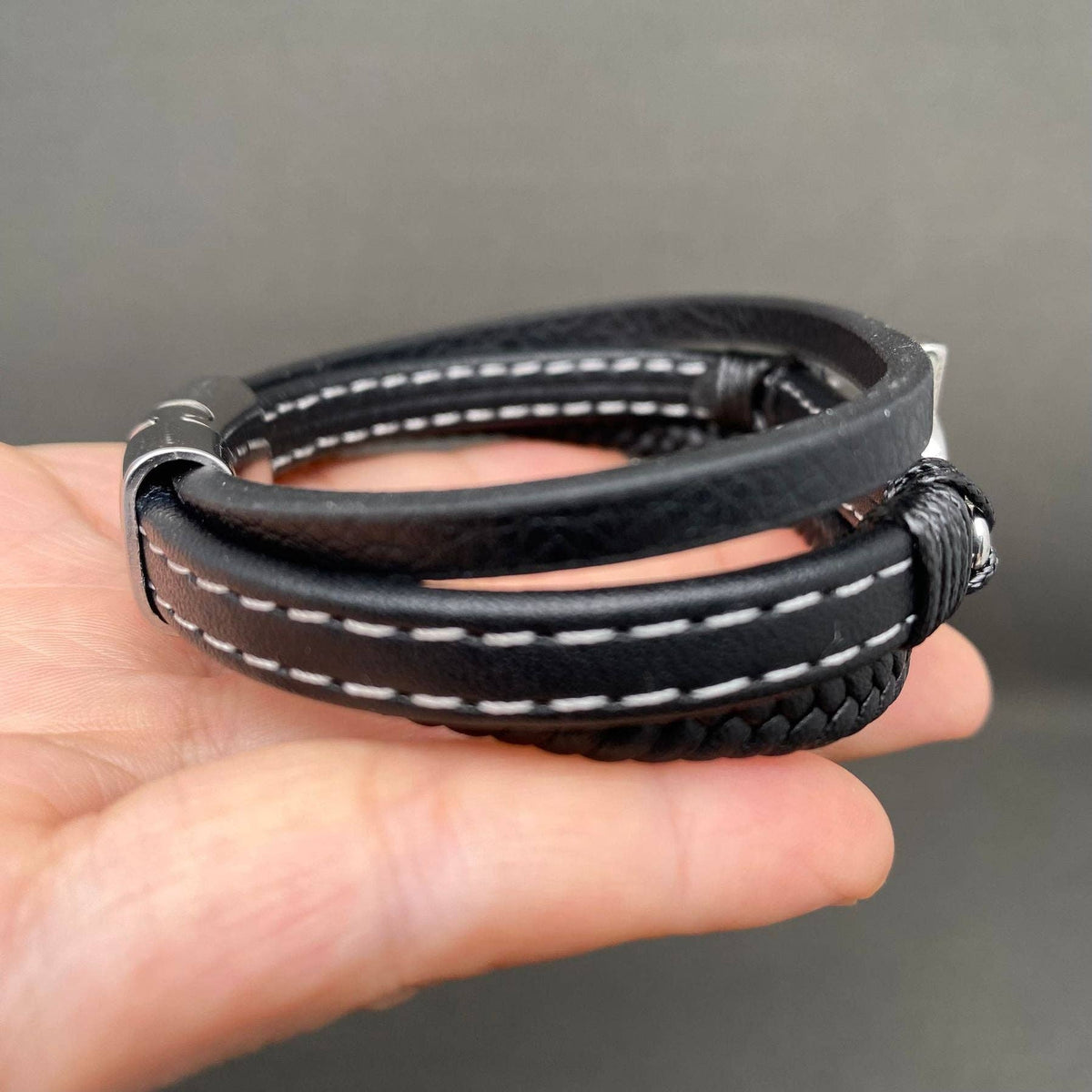 Viking Cross Charm Stainless Steel PU Leather Woven Bracelet