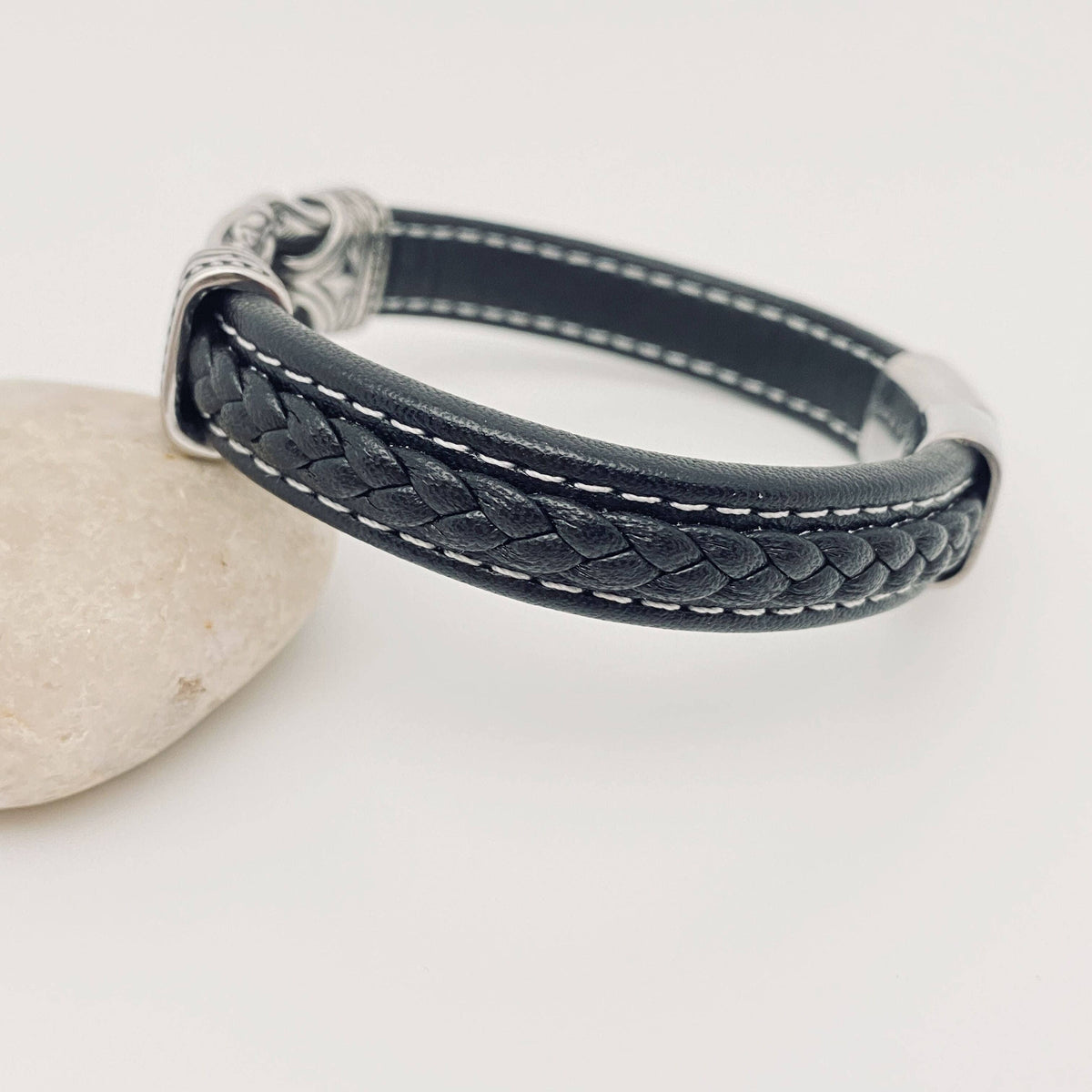 Stainless Steel Carved Leather Viking Bracelet