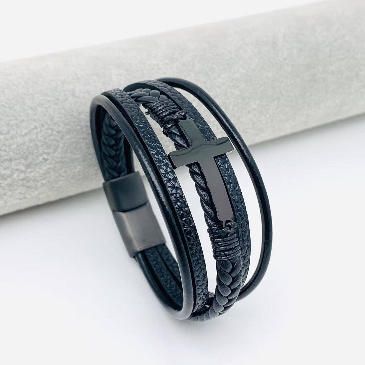 Stainless Steel Cross Multi-Layer Woven Leather Bracelet