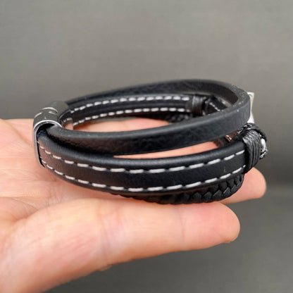 Viking Cross Charm Stainless Steel PU Leather Woven Bracelet