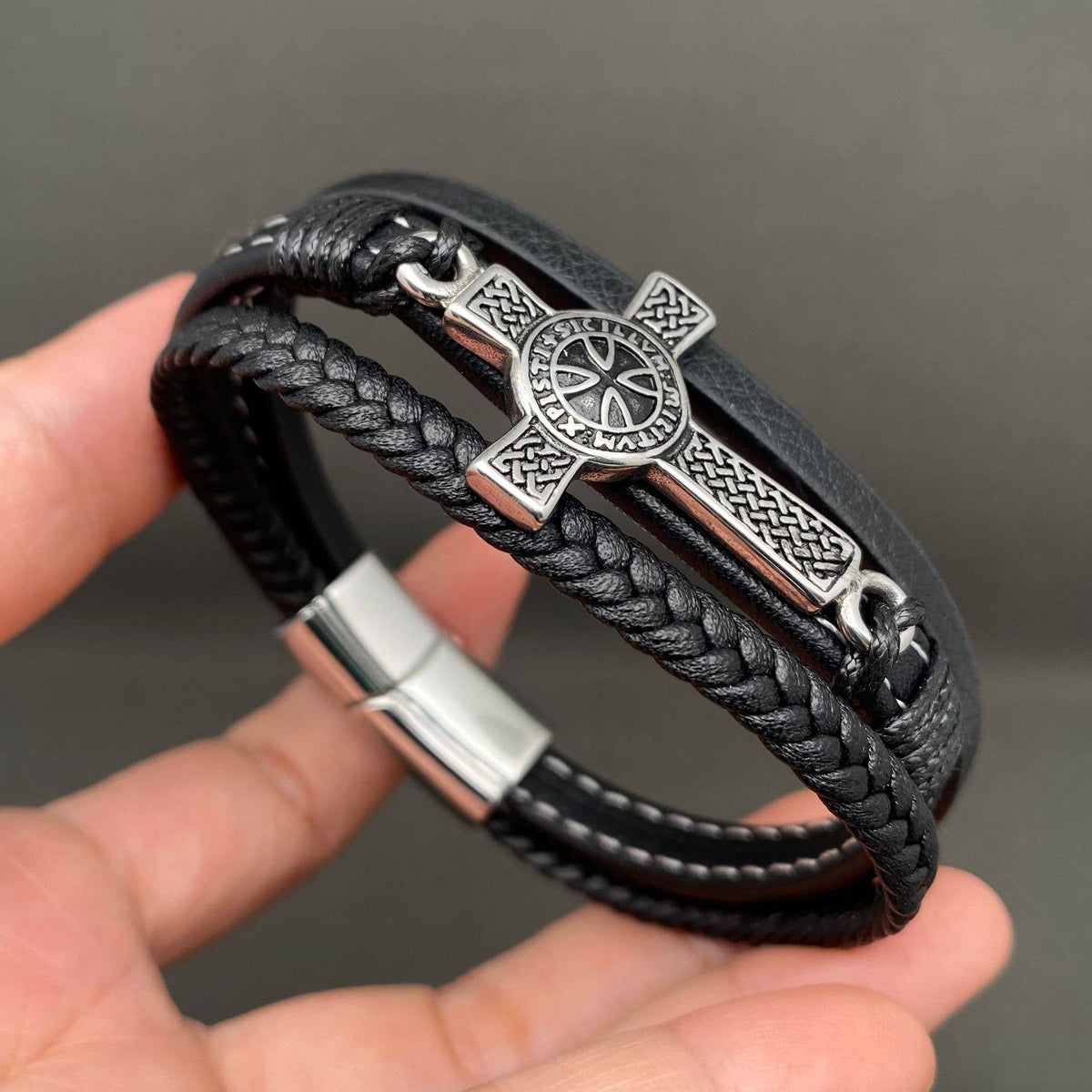 Viking Cross Charm Stainless Steel PU Leather Woven Bracelet