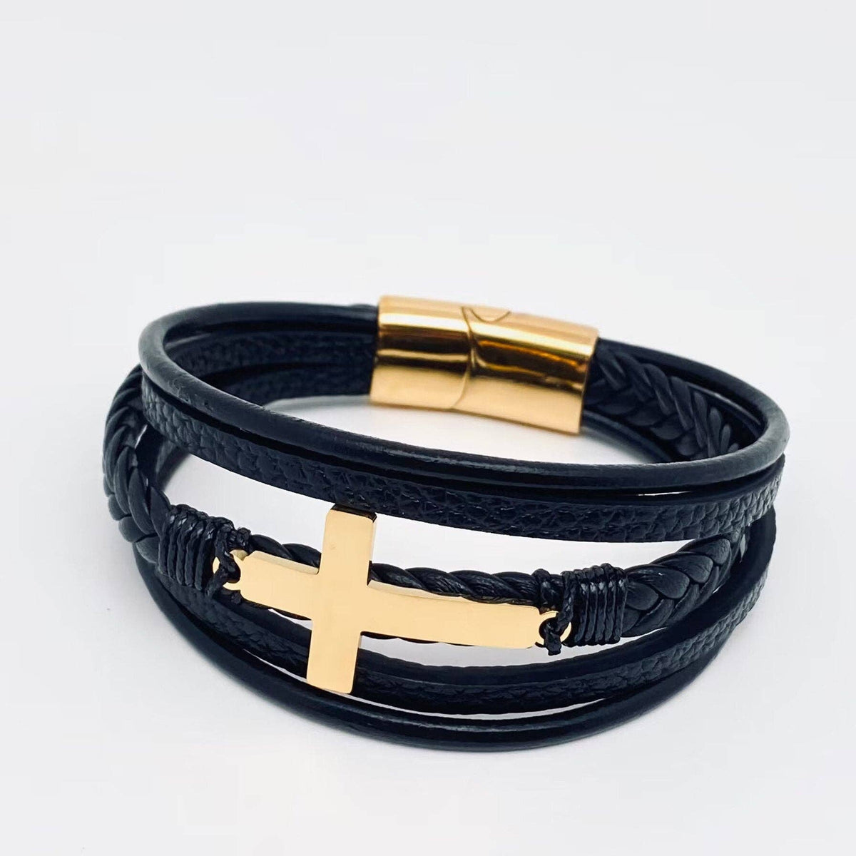 Stainless Steel Cross Multi-Layer Woven Leather Bracelet