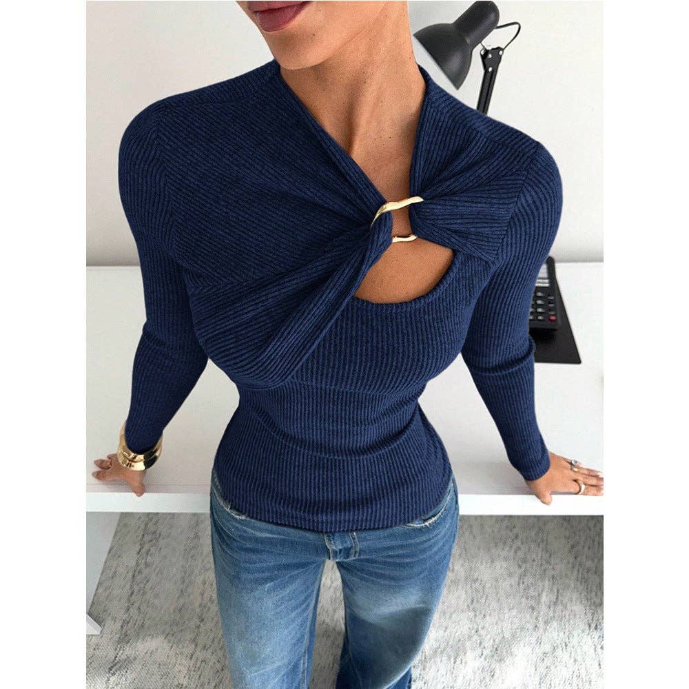Ribbed Metal Buckle Ruched Slim Fit Top