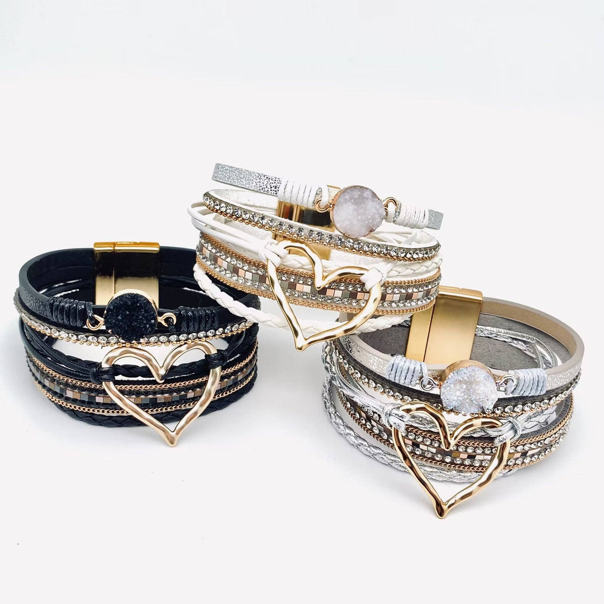 Multi-Layer Heart Charm Bangle Bracelets