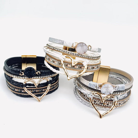 Multi-Layer Heart Charm Bangle Bracelets