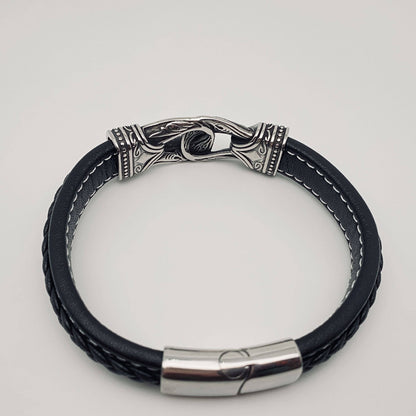 Stainless Steel Carved Leather Viking Bracelet
