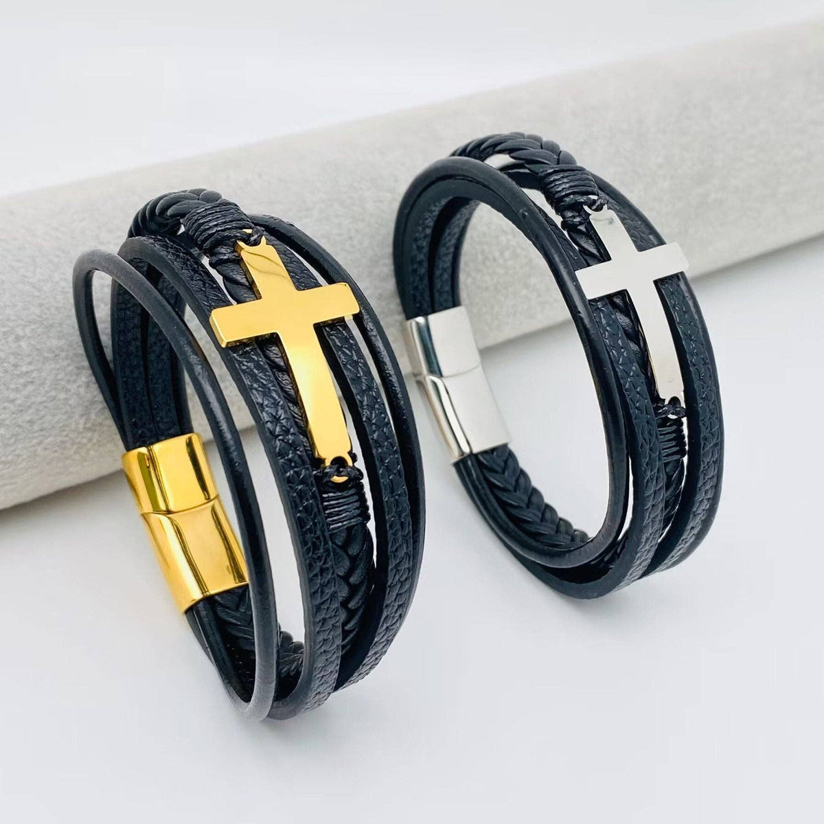 Stainless Steel Cross Multi-Layer Woven Leather Bracelet
