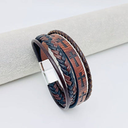 Handmade Leather Cross Magnetic Buckle Bracelet