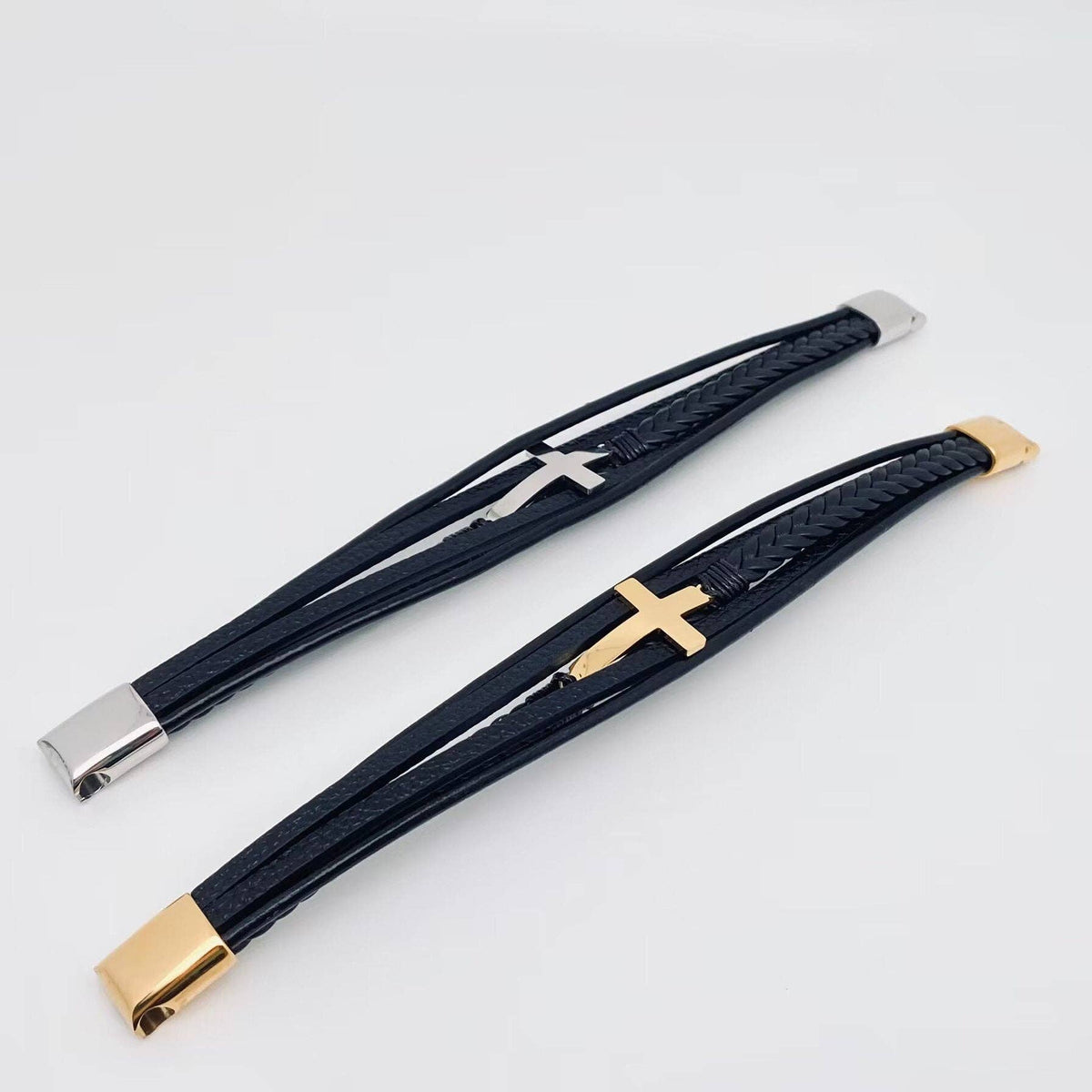 Stainless Steel Cross Multi-Layer Woven Leather Bracelet