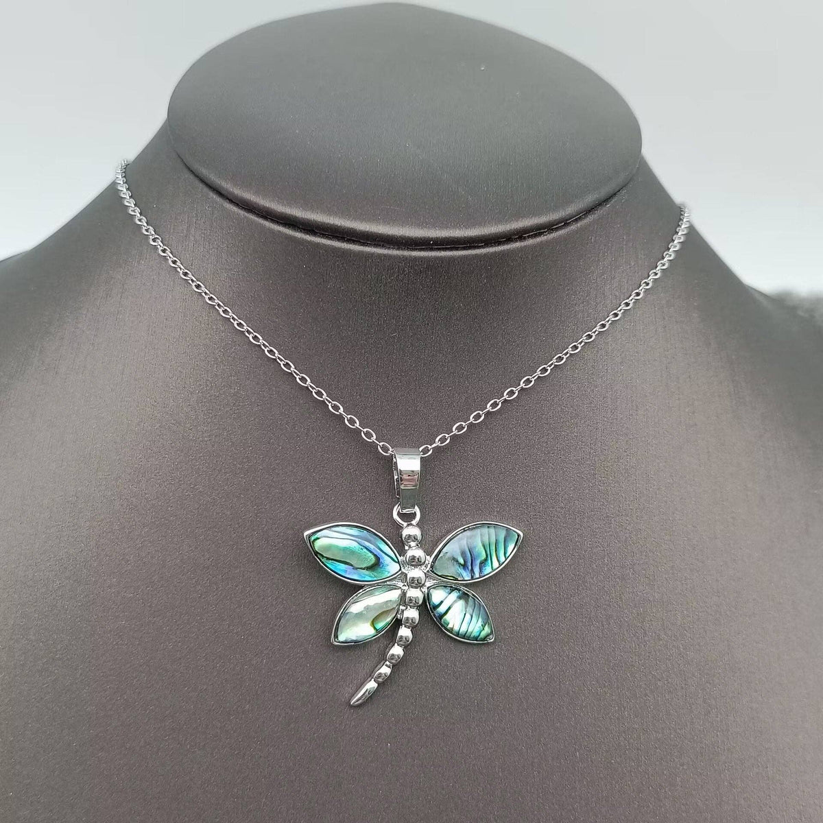 Natural Abalone Shell Dragonfly Charm Pendant Necklace