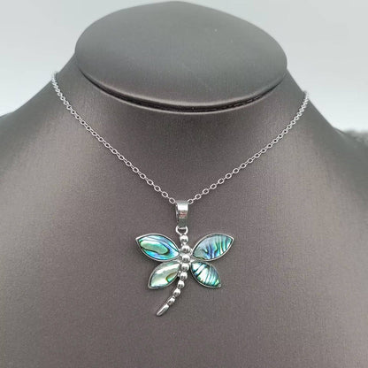 Natural Abalone Shell Dragonfly Charm Pendant Necklace