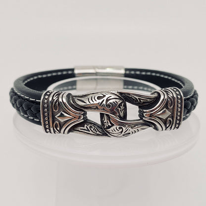 Stainless Steel Carved Leather Viking Bracelet