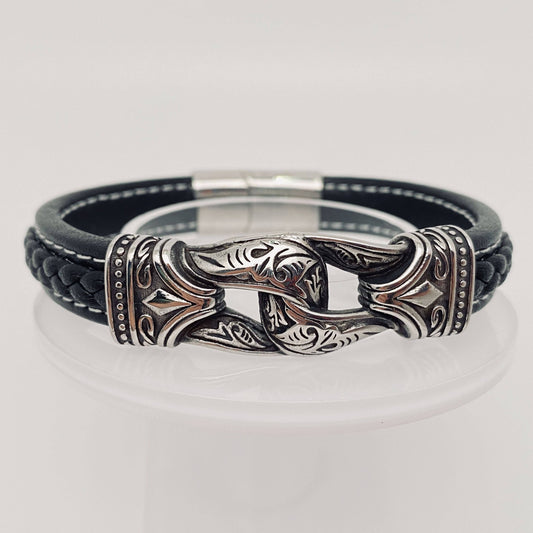 Stainless Steel Carved Leather Viking Bracelet