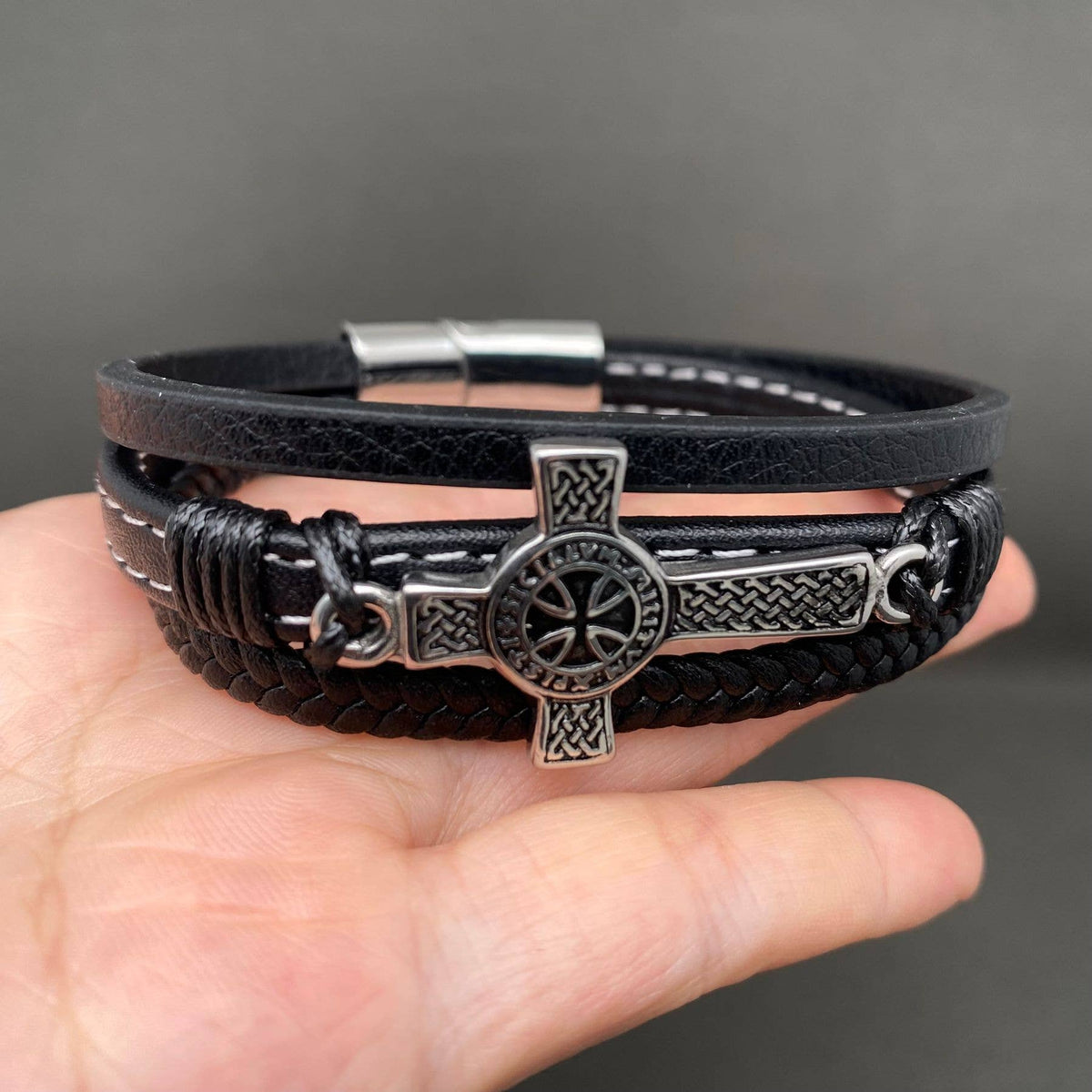 Viking Cross Charm Stainless Steel PU Leather Woven Bracelet