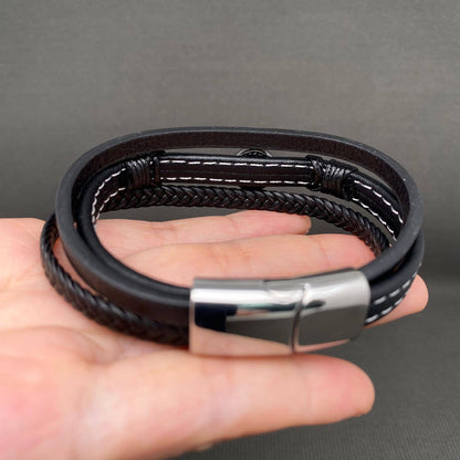 Viking Cross Charm Stainless Steel PU Leather Woven Bracelet