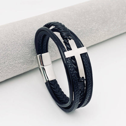 Stainless Steel Cross Multi-Layer Woven Leather Bracelet